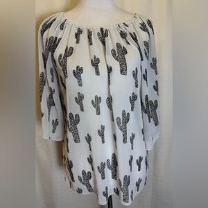 Cowgirl Hardware White Top Leopard Cactus Print 3/4 Sleeve Western Blouse Sz M
